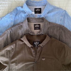 Men’s Bundle of 3 Hollister Button Down Blue Gray Denim and Dark Green Shirts
